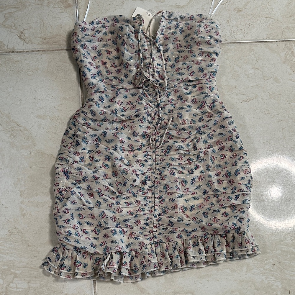 70/21 Cream Floral Lace-Up Ruffle Mini Dress